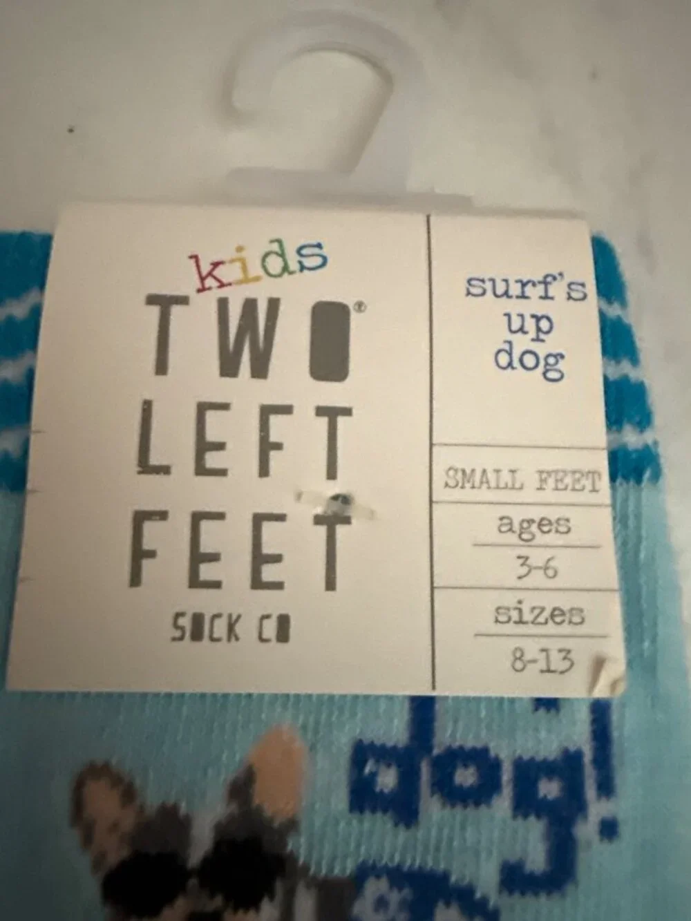 Two Left Feet Kids Surfs Up Dog Socks Ages 3-6 Size 8-13 Blue & White Fun Design